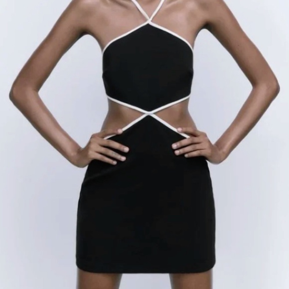 Zara Black and White Halter Cut-Out Dress